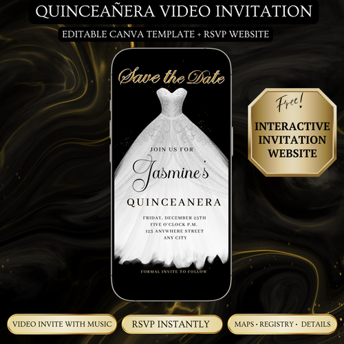 White Quinceanera Video Invite | Sweet 15 16 Quince RSVP Tracker | Editable Canva Evite Template