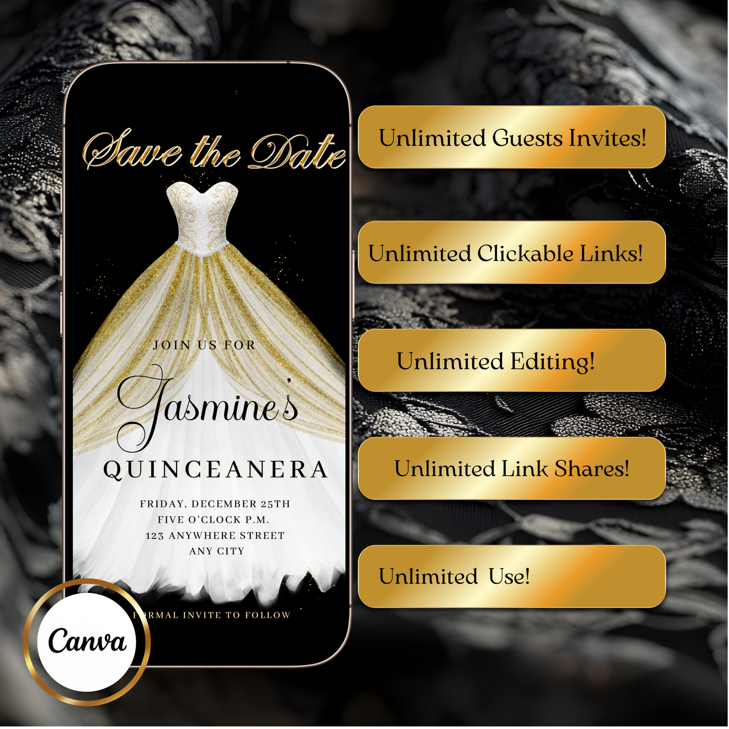 White and Gold Quinceanera Video Invite | Sweet 15 16 Quince RSVP Tracker | Editable Canva Evite Template