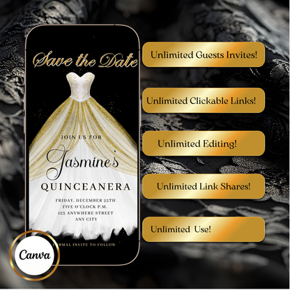 White and Gold Quinceanera Video Invite | Sweet 15 16 Quince RSVP Tracker | Editable Canva Evite Template