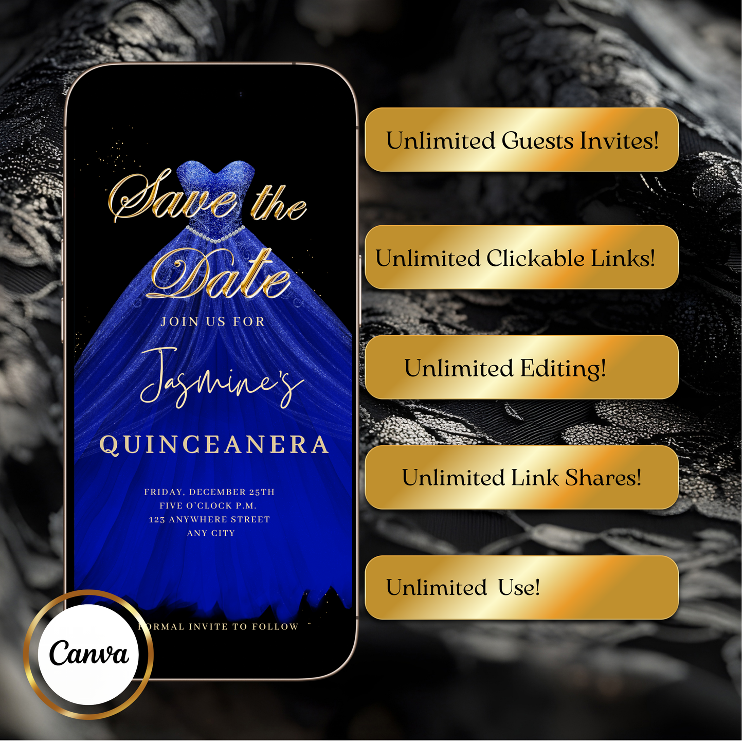 Royal Blue Quinceanera Video Invite | Sweet 15 16 Quince RSVP Tracker | Editable Canva Evite Template