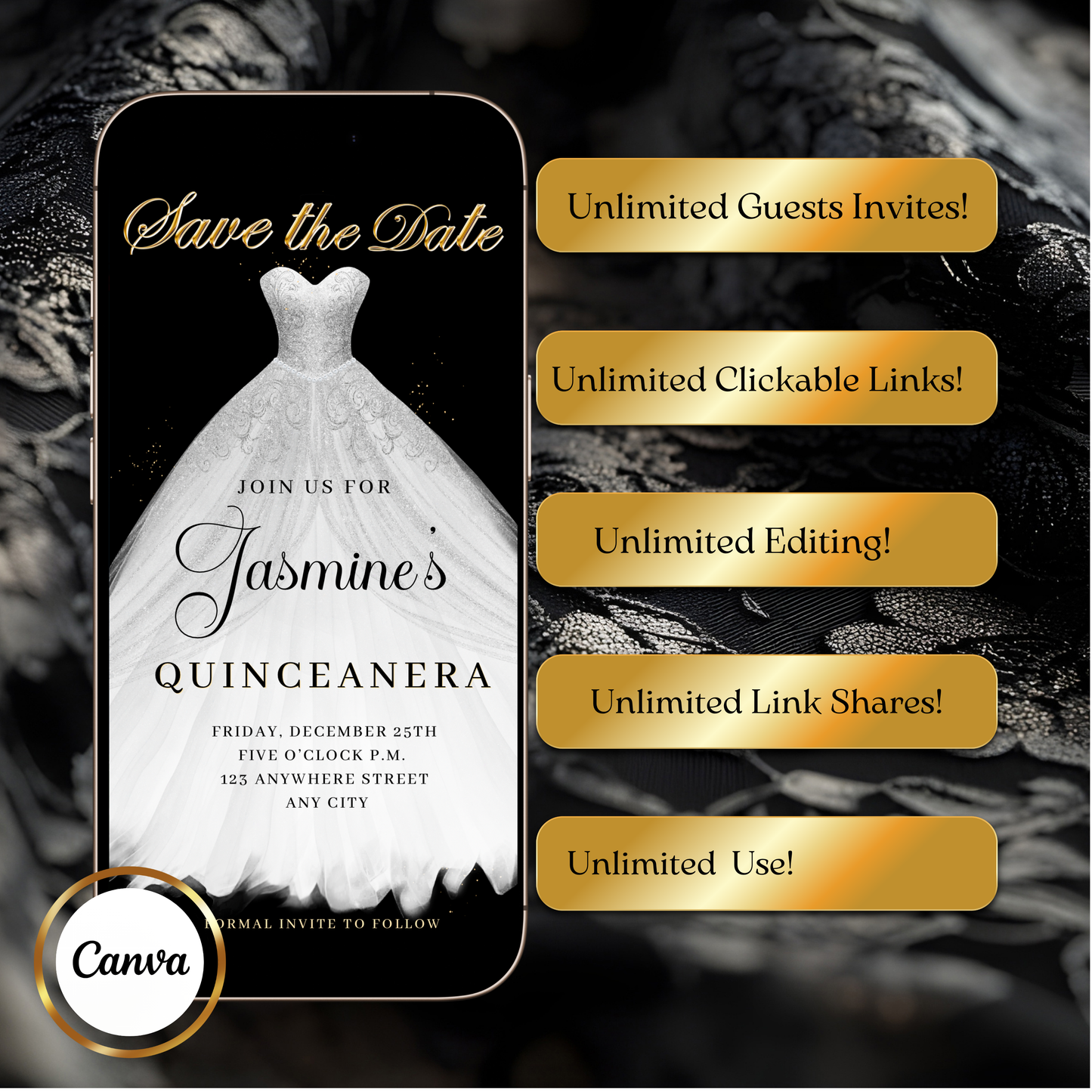 White Quinceanera Video Invite | Sweet 15 16 Quince RSVP Tracker | Editable Canva Evite Template