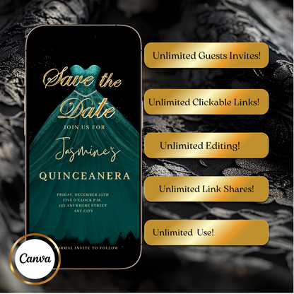 Teal and Gold Quinceanera Video Invite | Sweet 15 16 Quince RSVP Tracker | Editable Canva Evite Template