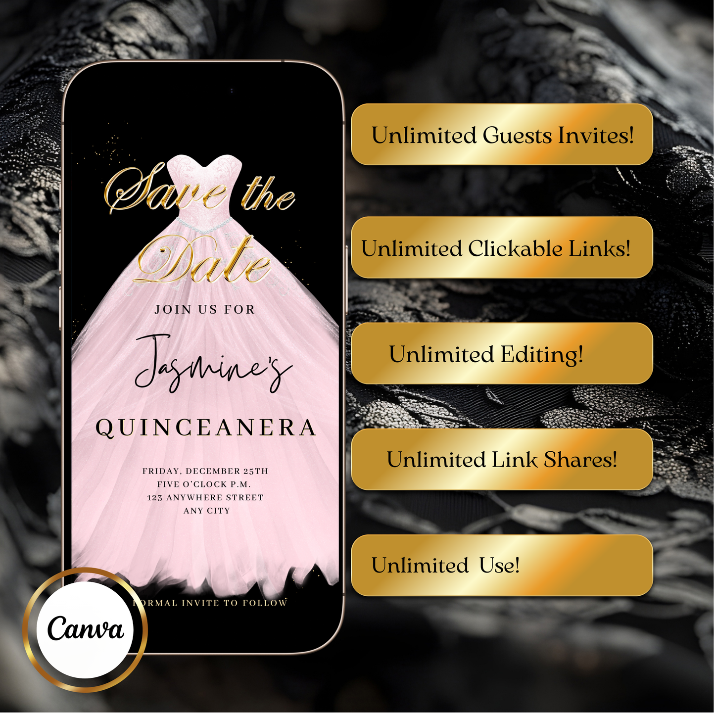 Pink Quinceanera Video Invite | Sweet 15 16 Quince RSVP Tracker | Editable Canva Evite Template