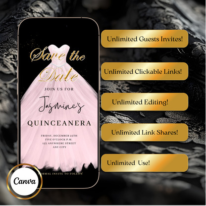 Pink Quinceanera Video Invite | Sweet 15 16 Quince RSVP Tracker | Editable Canva Evite Template