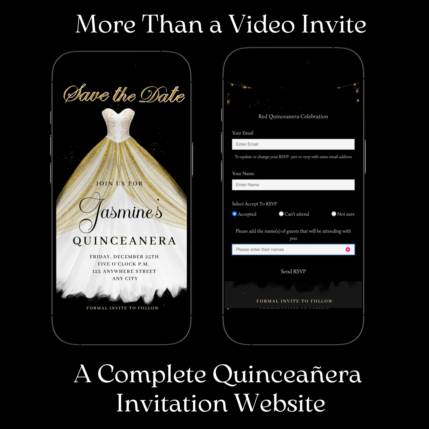 White and Gold Quinceanera Video Invite | Sweet 15 16 Quince RSVP Tracker | Editable Canva Evite Template
