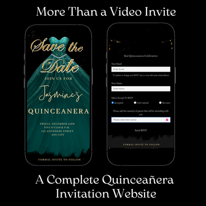 Teal and Gold Quinceanera Video Invite | Sweet 15 16 Quince RSVP Tracker | Editable Canva Evite Template