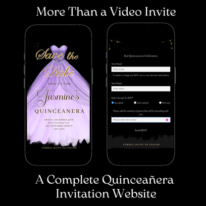 Purple Quinceanera Video Invite | Sweet 15 16 Quince RSVP Tracker | Editable Canva Evite Template