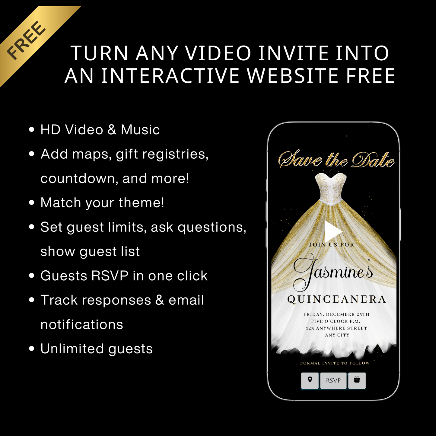 White and Gold Quinceanera Video Invite | Sweet 15 16 Quince RSVP Tracker | Editable Canva Evite Template