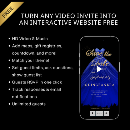 Royal Blue Quinceanera Video Invite | Sweet 15 16 Quince RSVP Tracker | Editable Canva Evite Template