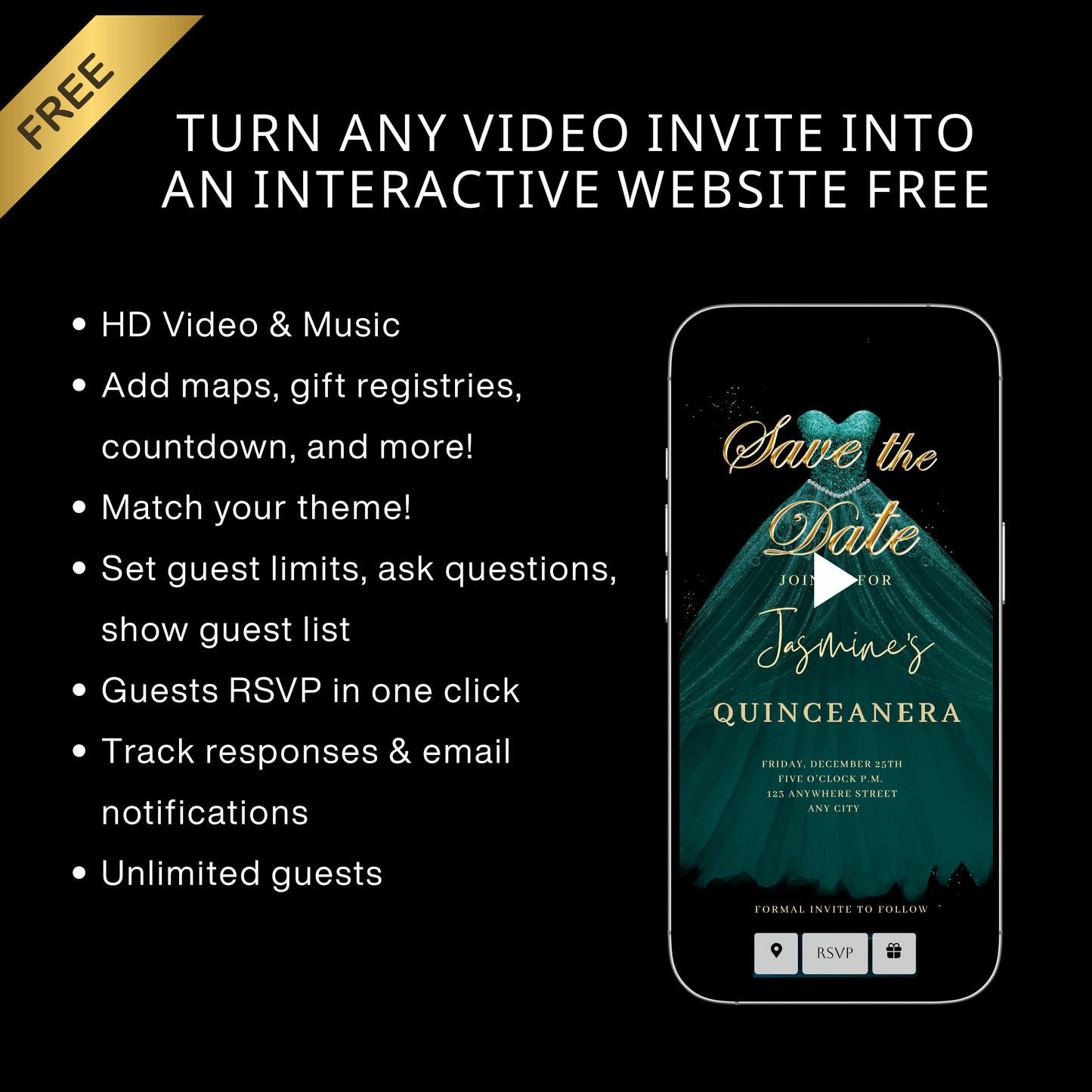 Teal and Gold Quinceanera Video Invite | Sweet 15 16 Quince RSVP Tracker | Editable Canva Evite Template
