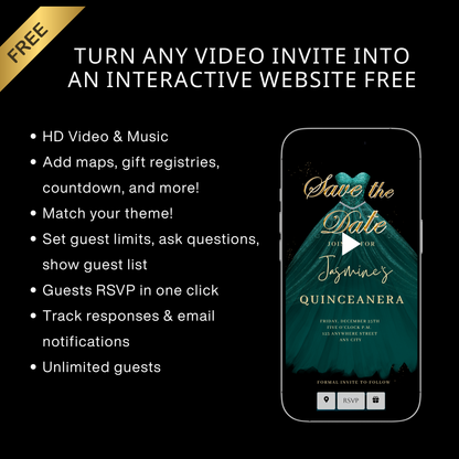 Teal and Gold Quinceanera Video Invite | Sweet 15 16 Quince RSVP Tracker | Editable Canva Evite Template