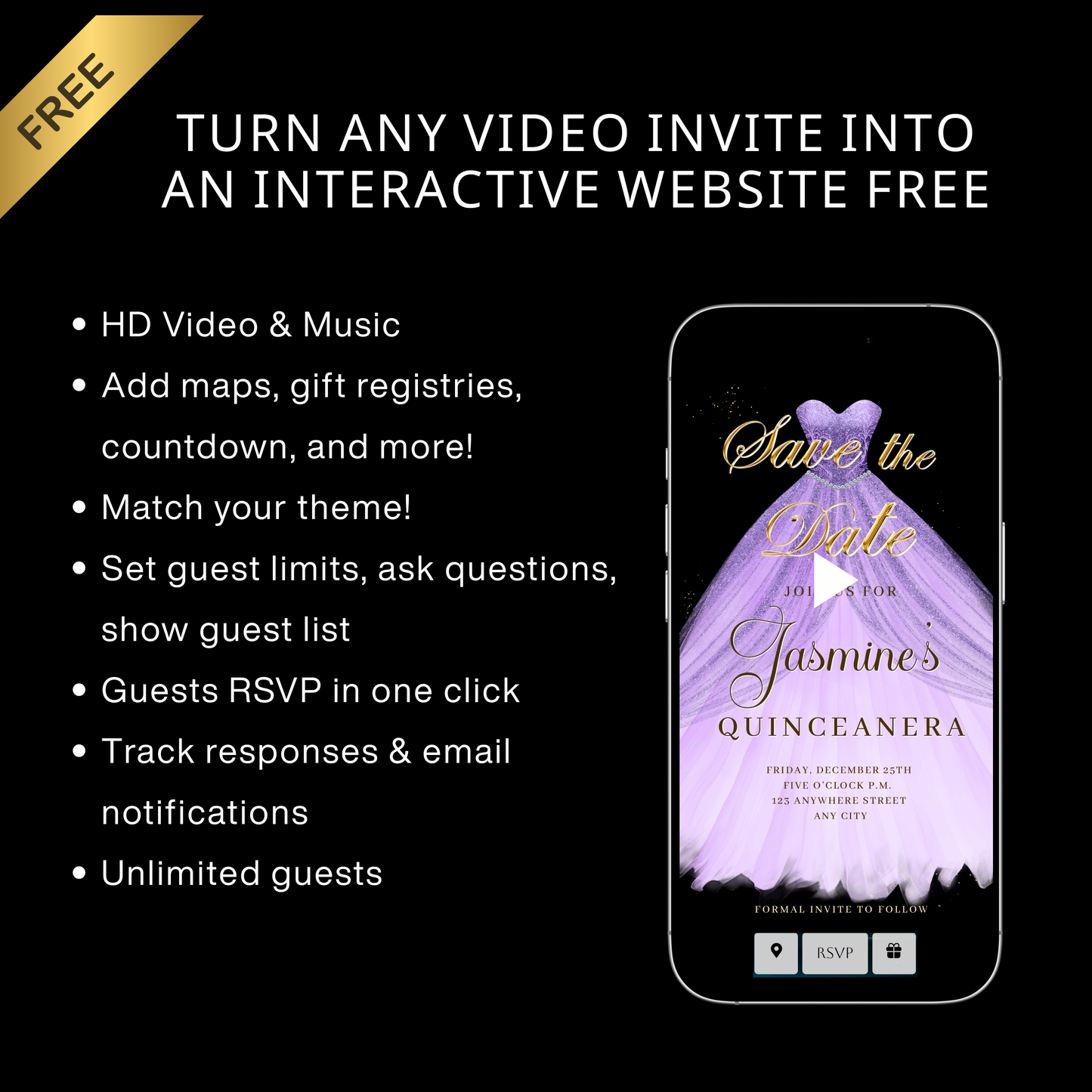 Purple Quinceanera Video Invite | Sweet 15 16 Quince RSVP Tracker | Editable Canva Evite Template