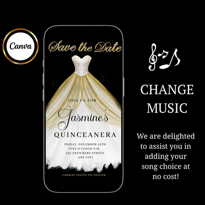 White and Gold Quinceanera Video Invite | Sweet 15 16 Quince RSVP Tracker | Editable Canva Evite Template