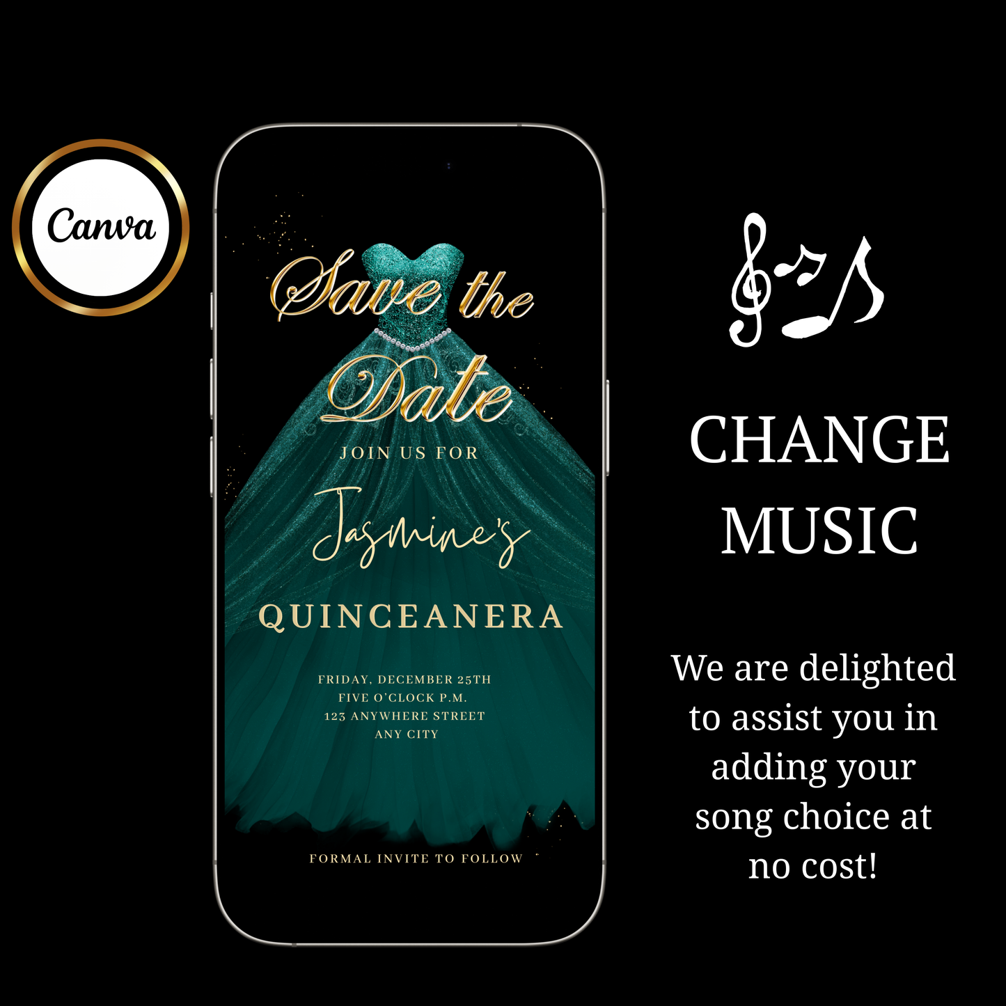 Teal and Gold Quinceanera Video Invite | Sweet 15 16 Quince RSVP Tracker | Editable Canva Evite Template