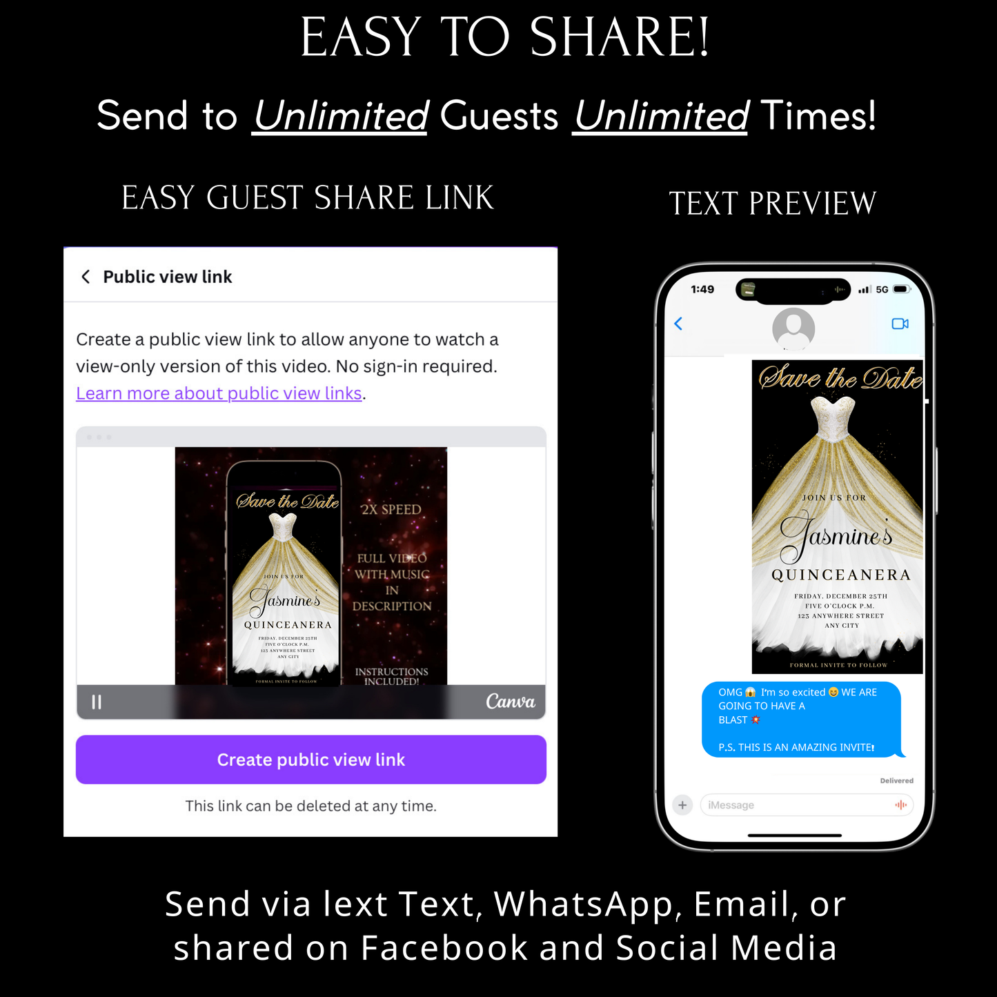 White and Gold Quinceanera Video Invite | Sweet 15 16 Quince RSVP Tracker | Editable Canva Evite Template