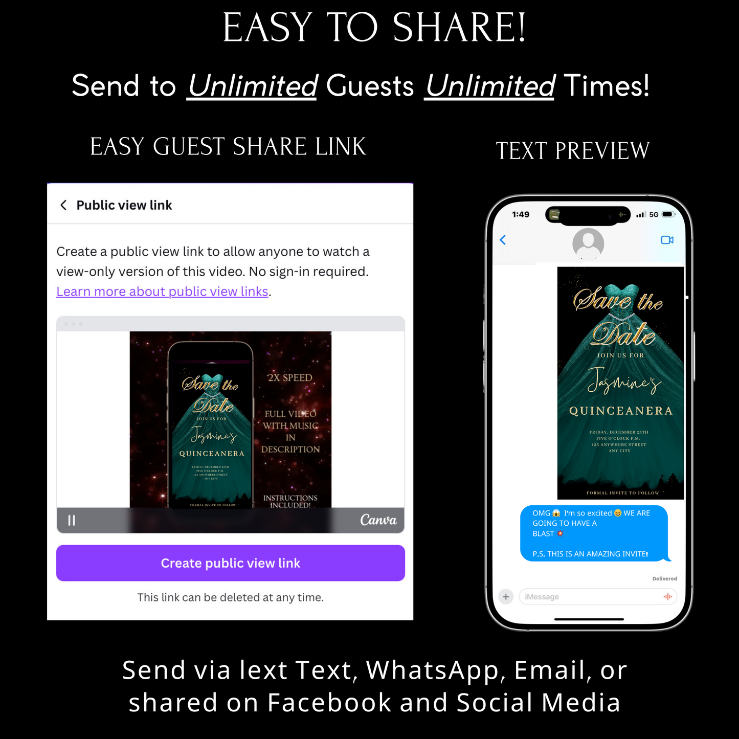 Teal and Gold Quinceanera Video Invite | Sweet 15 16 Quince RSVP Tracker | Editable Canva Evite Template