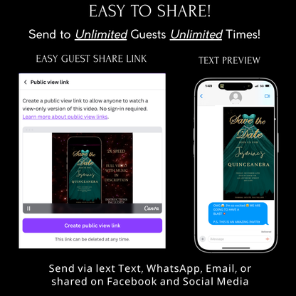 Teal and Gold Quinceanera Video Invite | Sweet 15 16 Quince RSVP Tracker | Editable Canva Evite Template