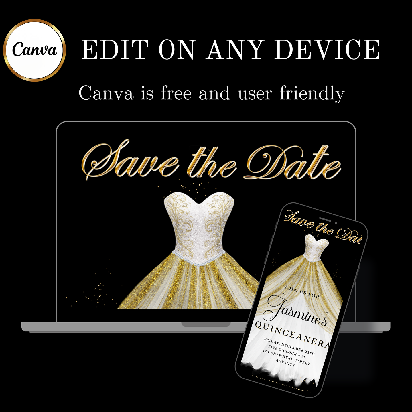 White and Gold Quinceanera Video Invite | Sweet 15 16 Quince RSVP Tracker | Editable Canva Evite Template