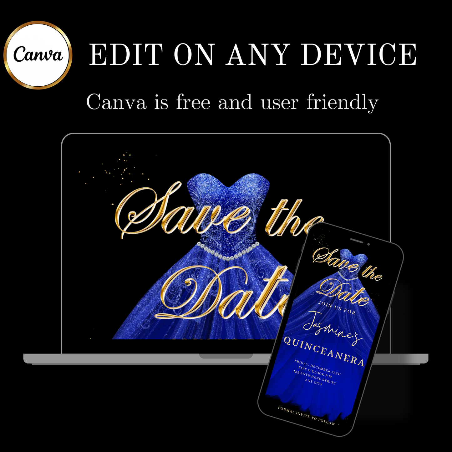 Royal Blue Quinceanera Video Invite | Sweet 15 16 Quince RSVP Tracker | Editable Canva Evite Template