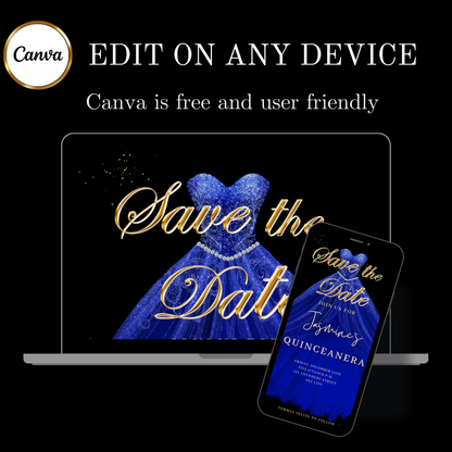 Royal Blue Quinceanera Video Invite | Sweet 15 16 Quince RSVP Tracker | Editable Canva Evite Template