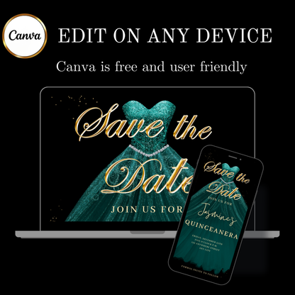 Teal and Gold Quinceanera Video Invite | Sweet 15 16 Quince RSVP Tracker | Editable Canva Evite Template