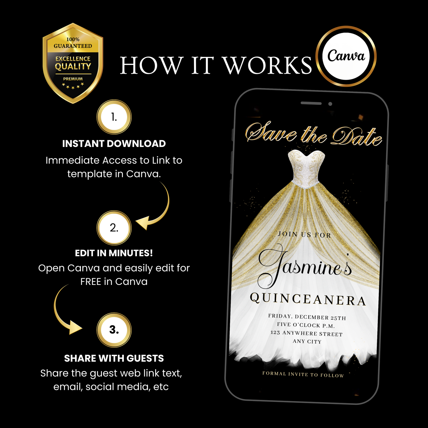 White and Gold Quinceanera Video Invite | Sweet 15 16 Quince RSVP Tracker | Editable Canva Evite Template