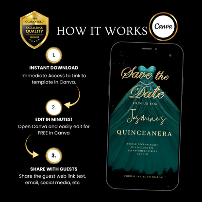 Teal and Gold Quinceanera Video Invite | Sweet 15 16 Quince RSVP Tracker | Editable Canva Evite Template