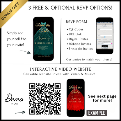 Teal and Gold Quinceanera Video Invite | Sweet 15 16 Quince RSVP Tracker | Editable Canva Evite Template