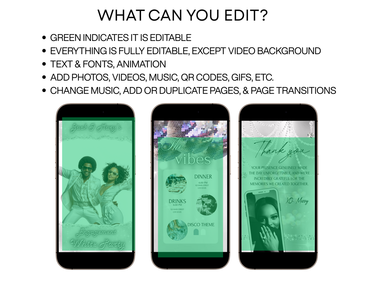 Editable White Party Disco Video Invitation in white disco theme featuring a stylish couple in retro outfits. Includes 3-page Canva template: animated invite, event details with disco balls, and thank you message. Perfect for white party, retro engagement, 70s theme, or mobile RSVP evite. Instant download, easy to customize and share via text or social media.