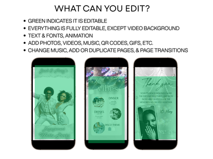 Editable White Party Disco Video Invitation in white disco theme featuring a stylish couple in retro outfits. Includes 3-page Canva template: animated invite, event details with disco balls, and thank you message. Perfect for white party, retro engagement, 70s theme, or mobile RSVP evite. Instant download, easy to customize and share via text or social media.