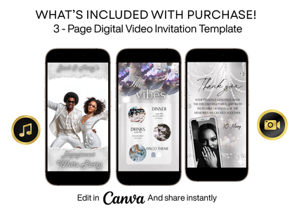 Editable White Party Disco Video Invitation in white disco theme featuring a stylish couple in retro outfits. Includes 3-page Canva template: animated invite, event details with disco balls, and thank you message. Perfect for white party, retro engagement, 70s theme, or mobile RSVP evite. Instant download, easy to customize and share via text or social media.
