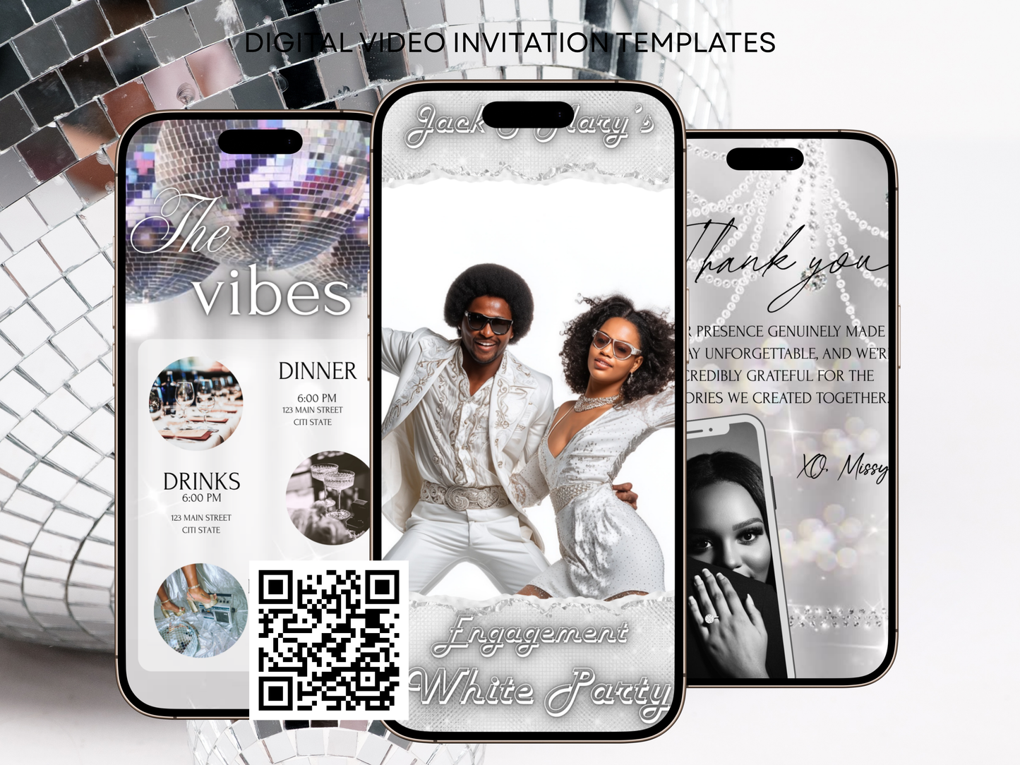 Editable White Party Disco Video Invitation in white disco theme featuring a stylish couple in retro outfits. Includes 3-page Canva template: animated invite, event details with disco balls, and thank you message. Perfect for white party, retro engagement, 70s theme, or mobile RSVP evite. Instant download, easy to customize and share via text or social media.