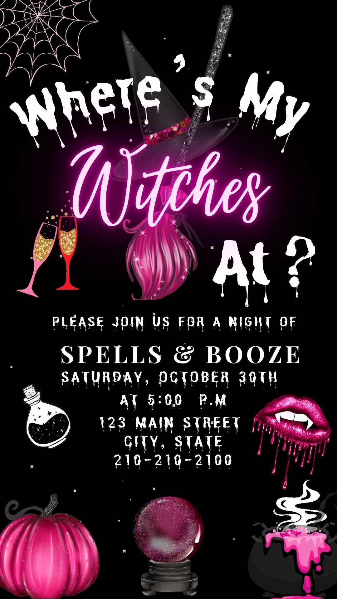 Editable pink witches halloween party party video invitation displayed on a mobile phone, featuring an animated vertical digital invite with music, created in Canva. This premium video invitation template is designed for sharing by text, email, and social media and works with an interactive RSVP website for easy guest response tracking.