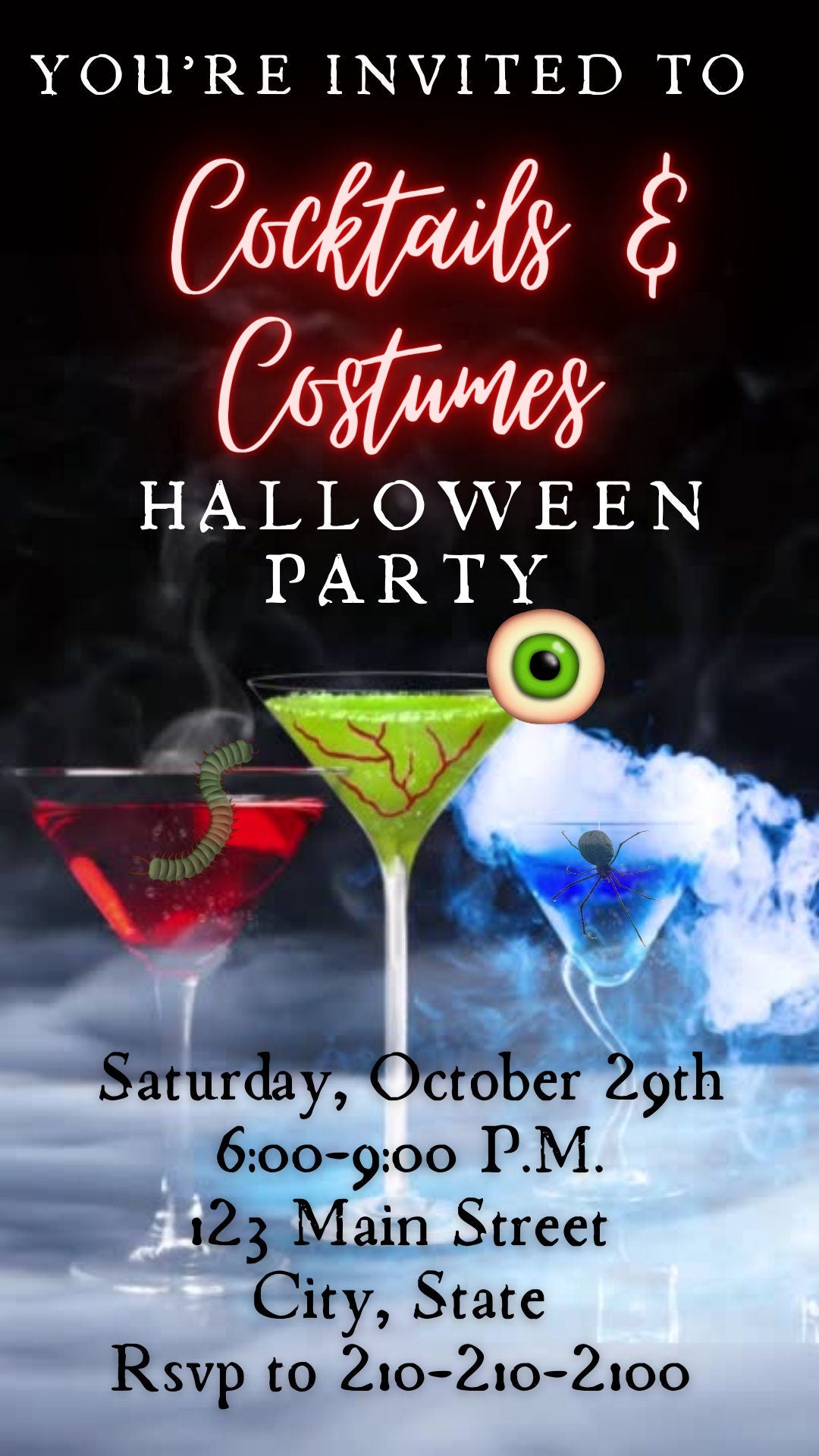 Halloween Video Invitation, Halloween Cocktail Animated Invite, Editable Halloween Party Mobile Evite