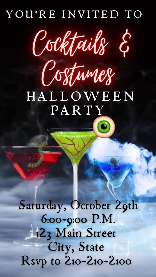 Halloween Video Invitation, Halloween Cocktail Animated Invite, Editable Halloween Party Mobile Evite