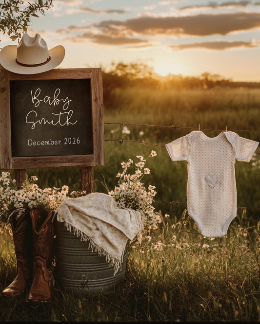 Western Pregnancy Announcement - Baby Reveal Sonogram Social Media Post - Onesie Clothesline