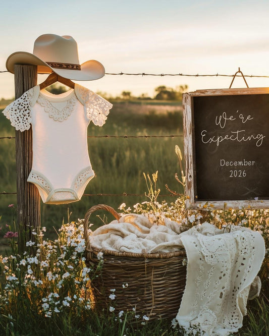 Gender Reveal Announcement Girl Baby Reveal Social Media Post its a Girl Reveal Western Bodysuit with lace eyelets Cowboy Hat Cowgirl Boots