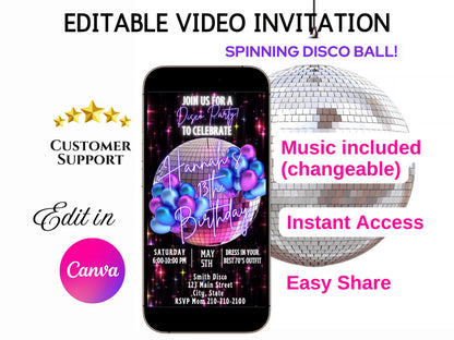 Editable Disco Party Video Invitation – 70s Birthday Disco Ball  Dance Party Evite