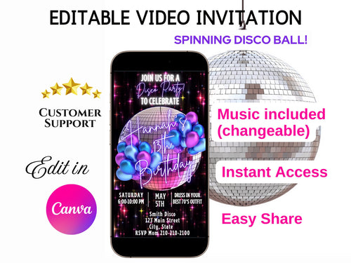 Editable Disco Party Video Invitation – 70s Birthday Disco Ball  Dance Party Evite