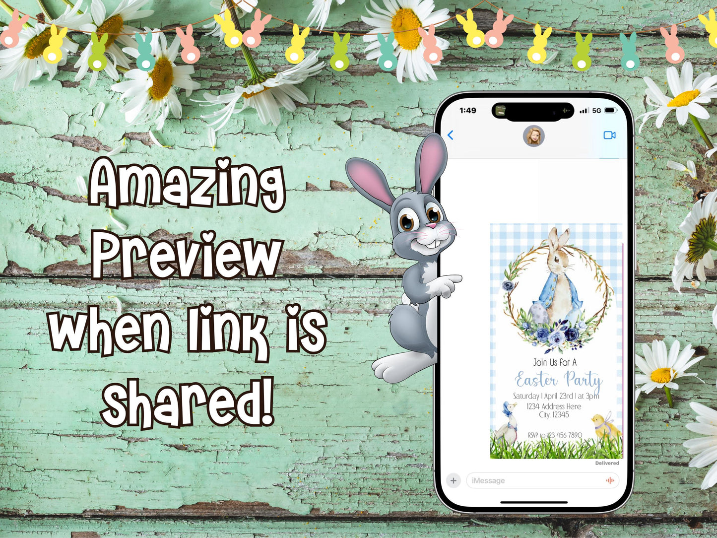 Bearbeitbare Vintage-Einladung mit Hasenmotiv, Märchenbuch-Hasenparty-Einladung, blau-weiß kariert, digital, Ostern, Geburtstag, Babyparty, Teeparty, bearbeitbare E-Einladung