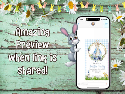Bearbeitbare Vintage-Einladung mit Hasenmotiv, Märchenbuch-Hasenparty-Einladung, blau-weiß kariert, digital, Ostern, Geburtstag, Babyparty, Teeparty, bearbeitbare E-Einladung