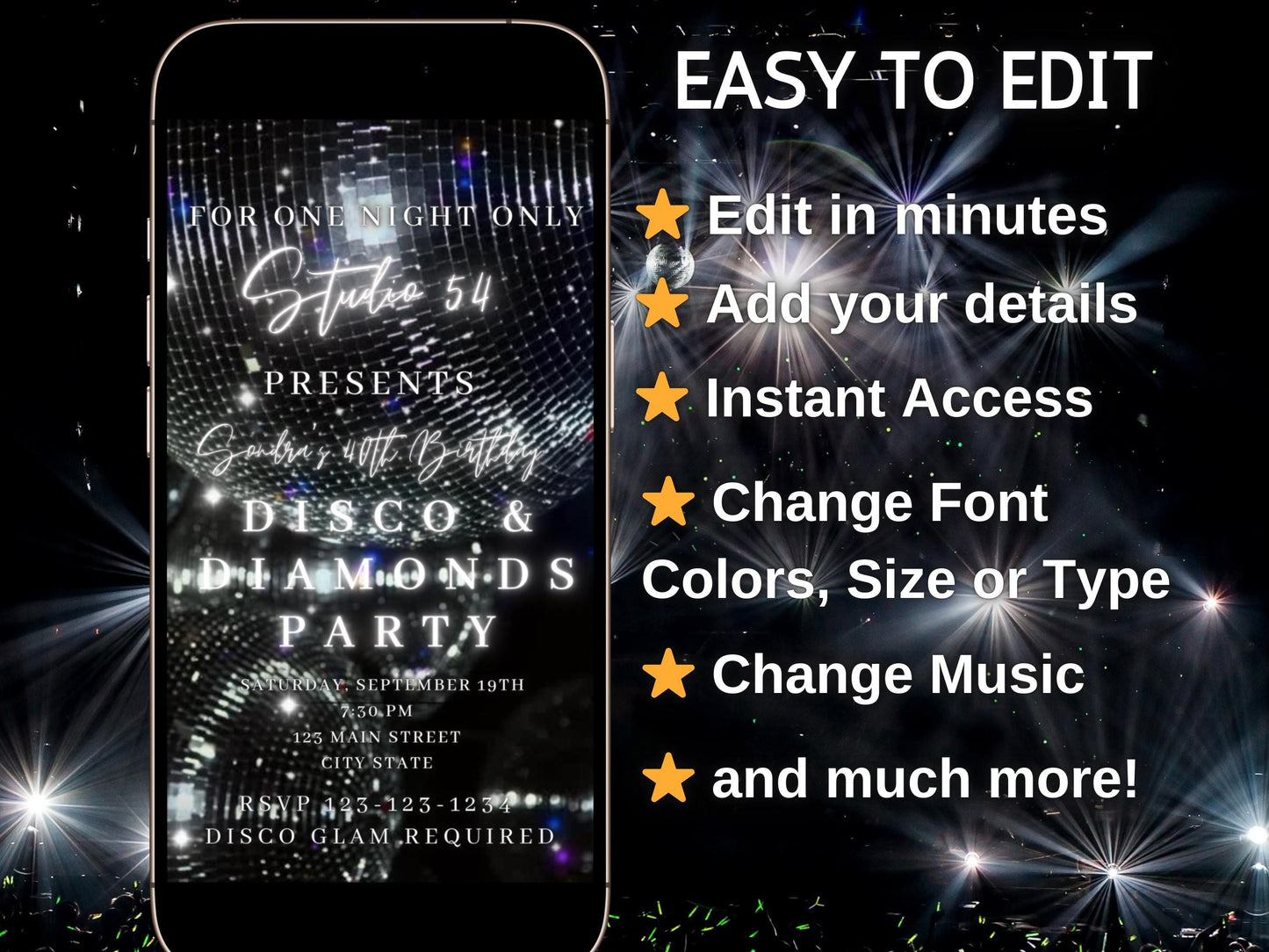 Digital Disco Video Invite Editable Silver Disco Ball Canva Template birthday party Retro Evite animated disco studio 54 mobile evite