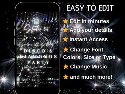 Digital Disco Video Invite Editable Silver Disco Ball Canva Template birthday party Retro Evite animated disco studio 54 mobile evite