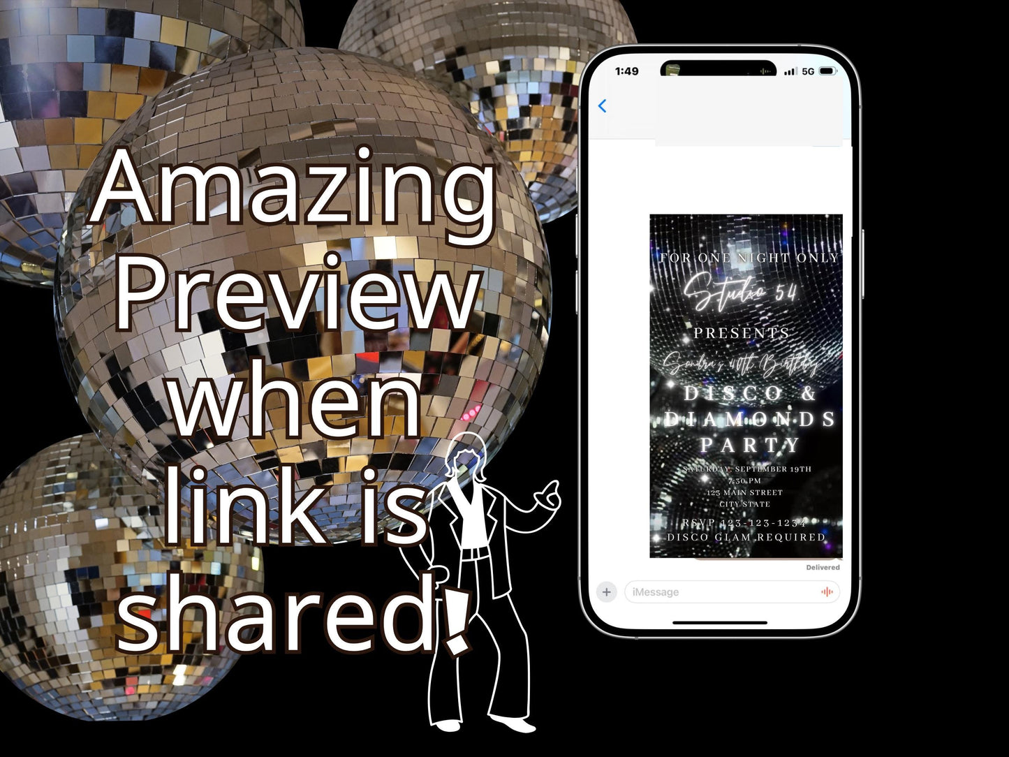 Digital Disco Video Invite Editable Silver Disco Ball Canva Template birthday party Retro Evite animated disco studio 54 mobile evite