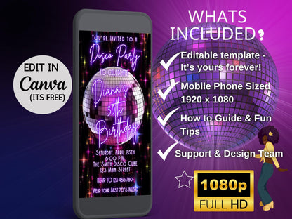 Editable Disco Party Video Invitation – 70s Birthday Dance Party Evite