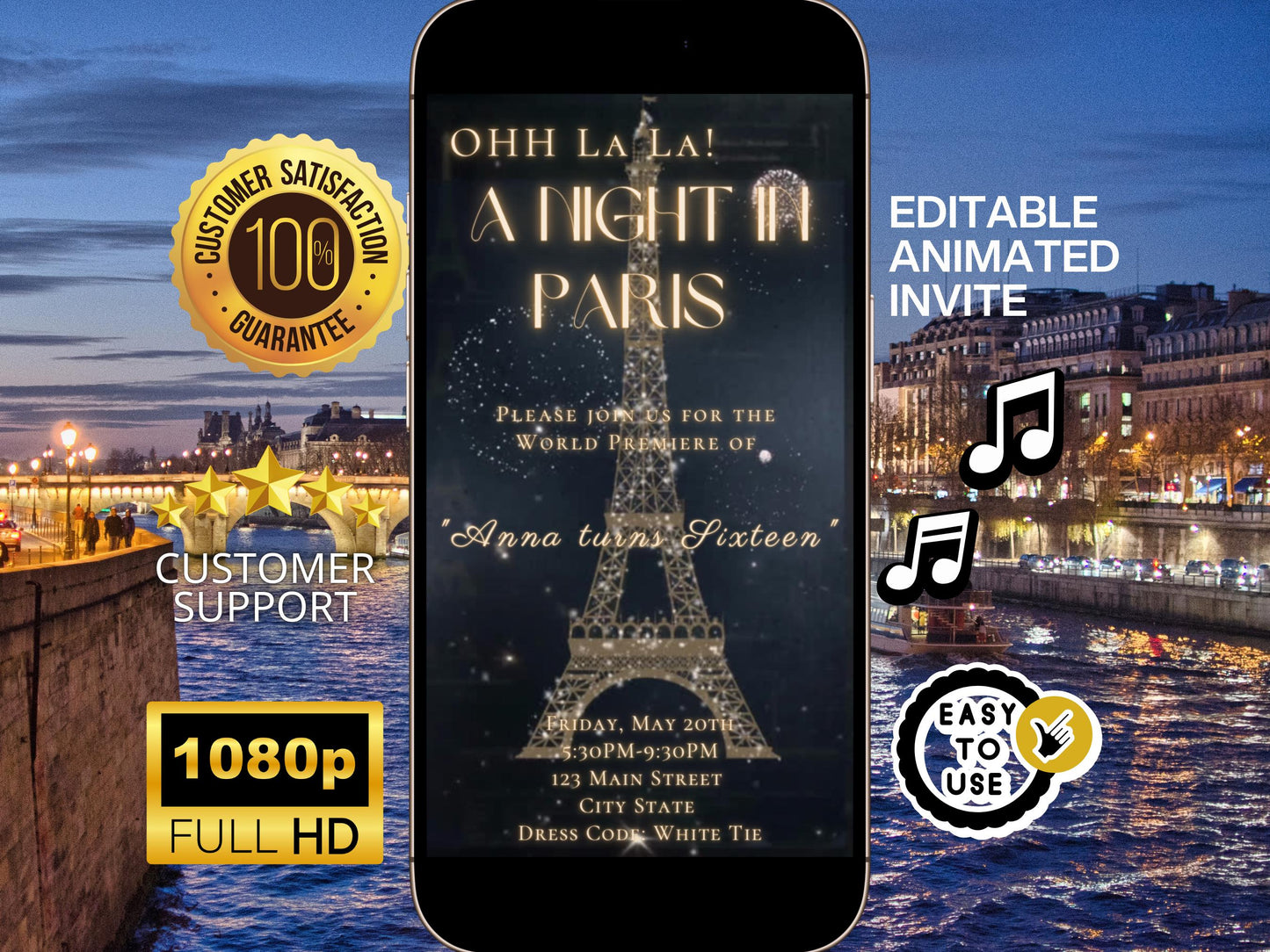Paris Video Invite Editable template Eiffel Tower animated Parisian Party Evite French Birthday Oh La La theme Eiffel Tower instant download