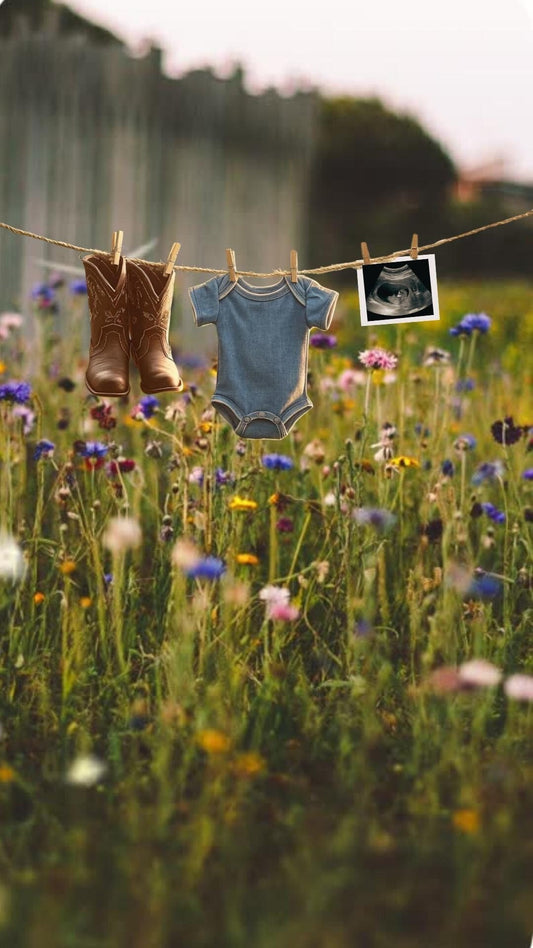 Western Pregnancy Announcement - Baby Reveal Sonogram Social Media Post - Onesie Clothesline