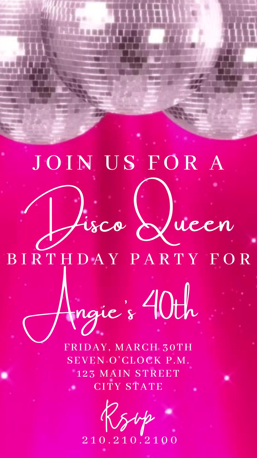Pink Disco video Invite template Groovy Pink evite animated disco ball 70 Retro theme custom birthday party canva instant access design
