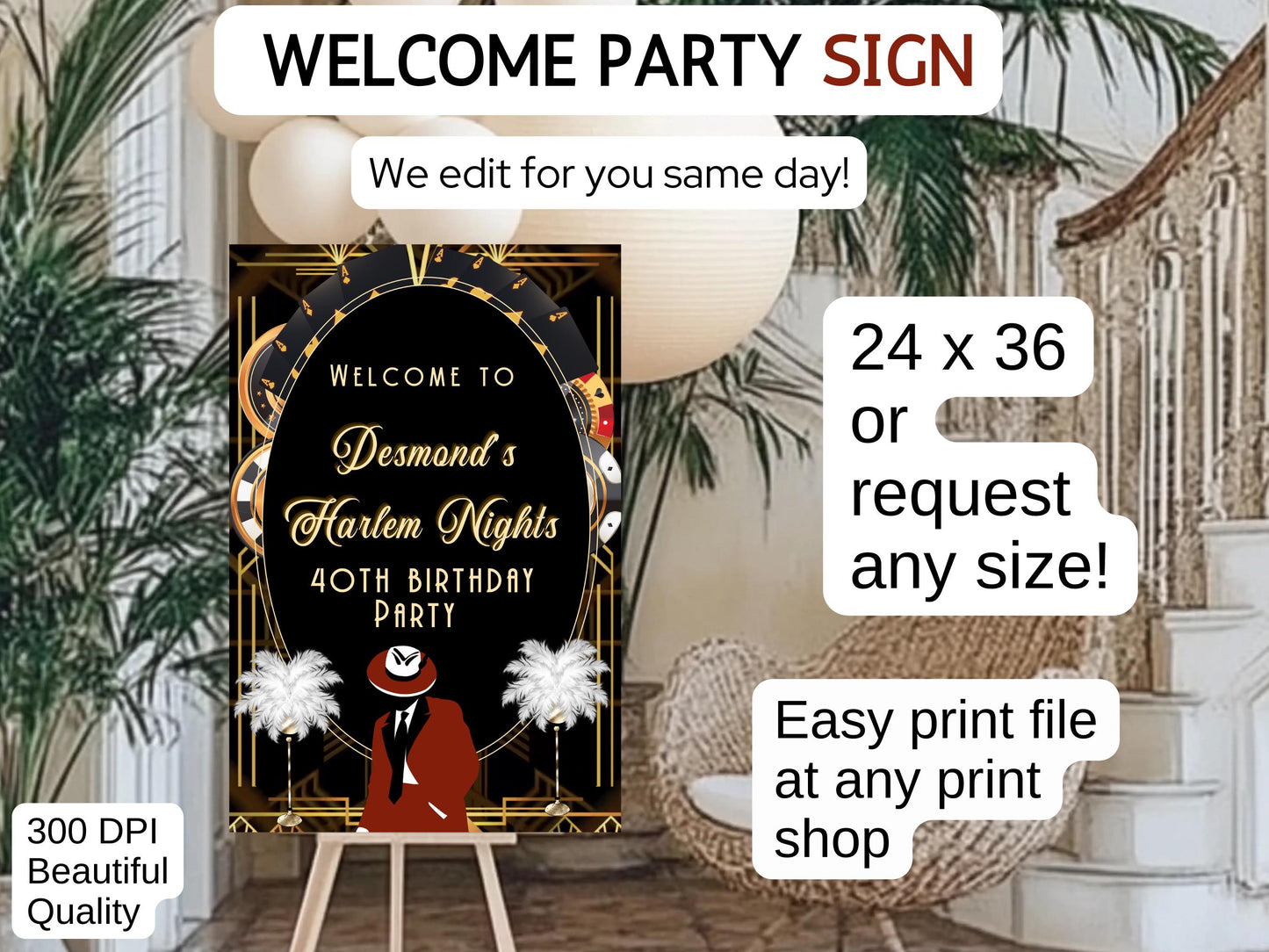 Harlem Nights Welcome Sign - Great Gatsby Party Poster - Roaring 20s Entrance Sign