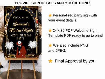 Harlem Nights Welcome Sign - Great Gatsby Party Poster - Roaring 20s Entrance Sign